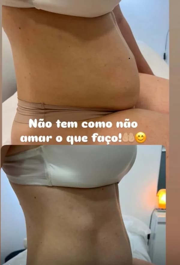 A waist from the side, before above and after below, captioned “There is no way not to love what I do!”.
